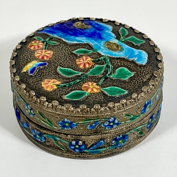 VTG Hand-Painted Floral Enamel Trinket Box Blue Butterfly Design Mirror Compact - Picture 4 of 7